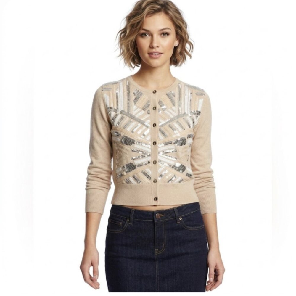 Cache Beige/Light Pink Sequins Stretch Knit Button Cardigan size Small